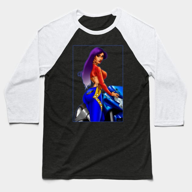 Biker Babe Blue Baseball T-Shirt by RenMcKinzie